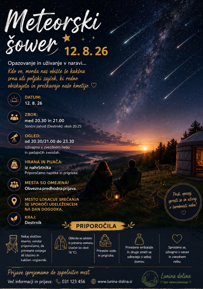 Plakat dogodka Meteorski šower 12. 8. 26 v Lunini dolini — nočno nebo s padajočimi zvezdami, jurta in dva opazovalca